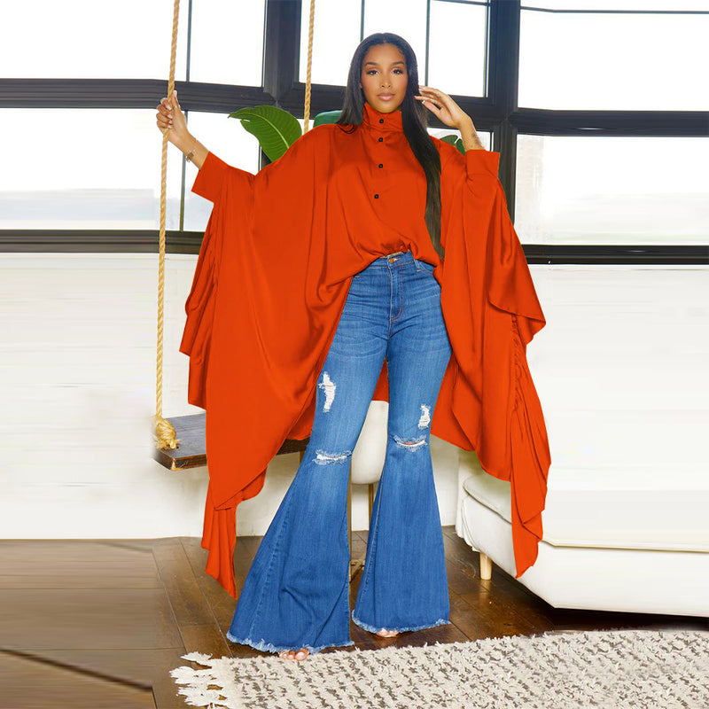 Pleated Long Solid Color Shawl Blouse NNWF 10623