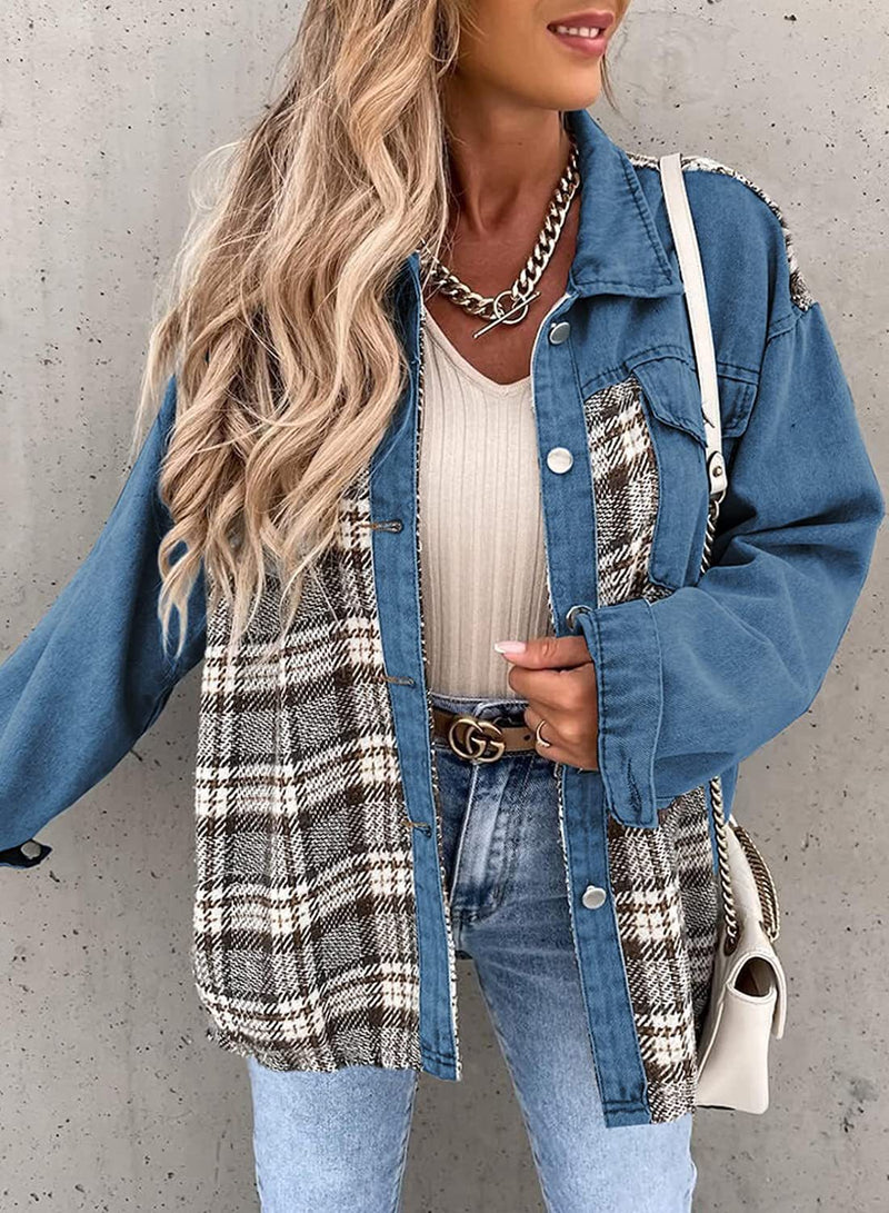 Denim Long Sleeve Plaid Shirt Jacket GOFY W220239