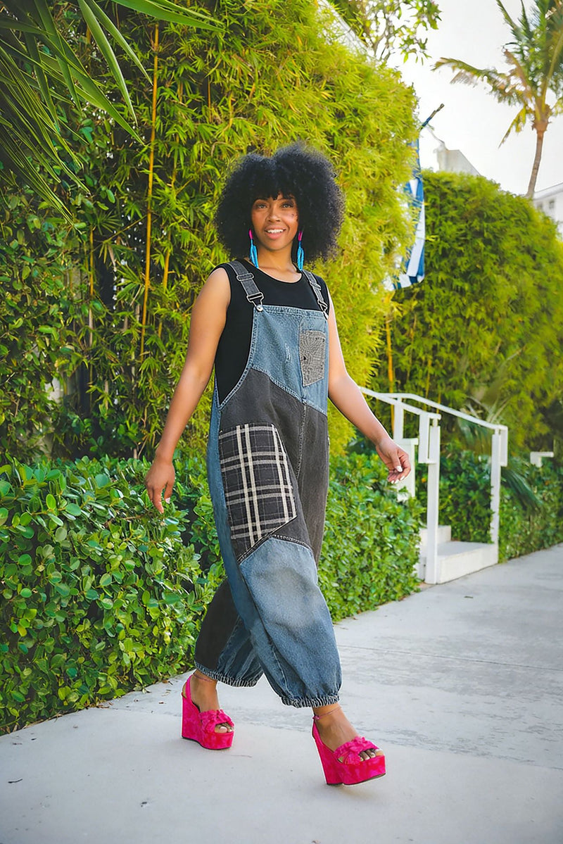 Plus Size Contrast Color Hoels Denim Patchwork Overalls GYLN 8879