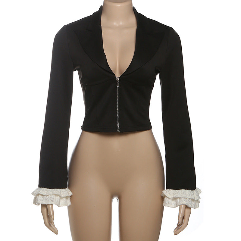 Long Sleeve Zipper Deep V Neck Coats GYME K25L77368