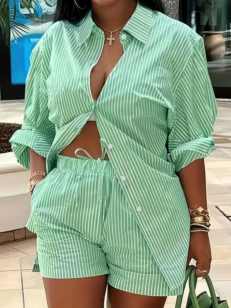 Plus Size Long Sleeve Stripe Print Shirt Shorts 2 Piece Set HNIF DHN124