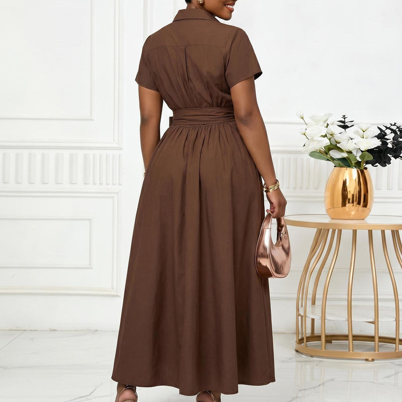 Plus Size Lapel Short Sleeve Tie Up Midi Dress GCZF 8662