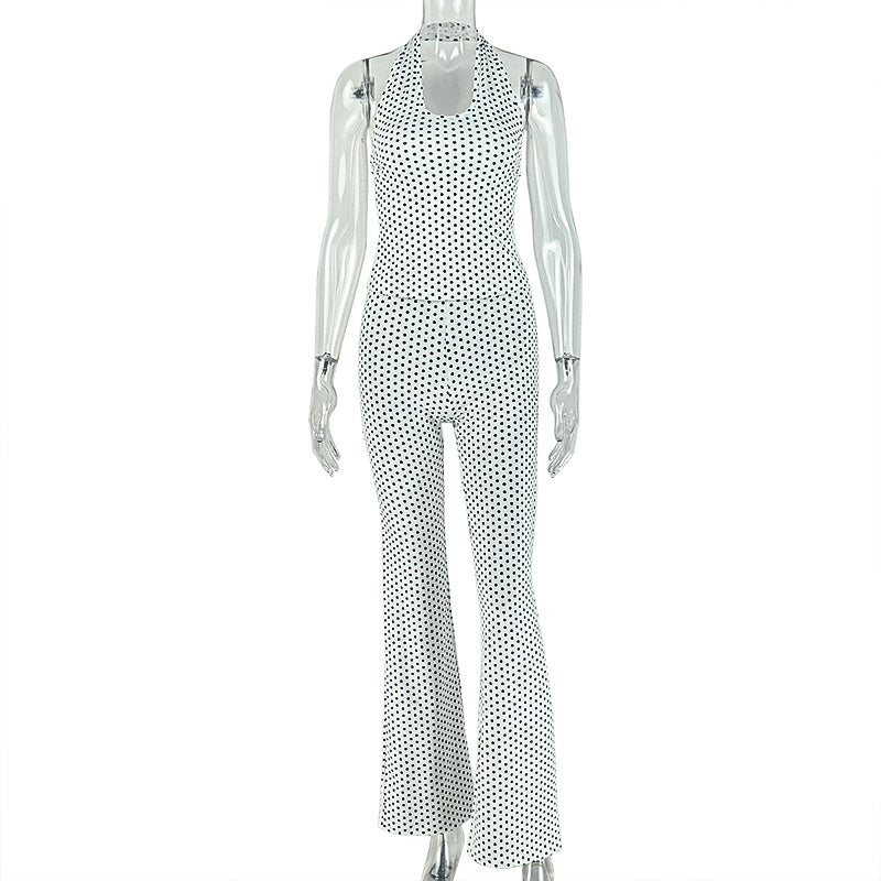 Halterneck V Neck Polka Dot Print Jumpsuit GJYO JS919185