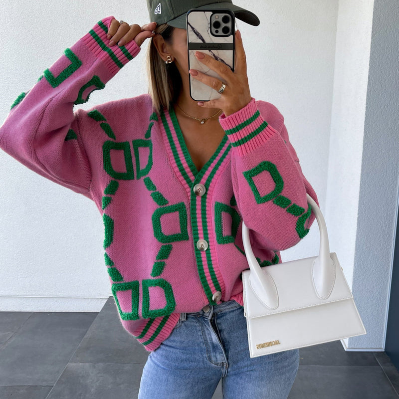 Long Sleeve V Neck Knits Print Coat YMZY 509