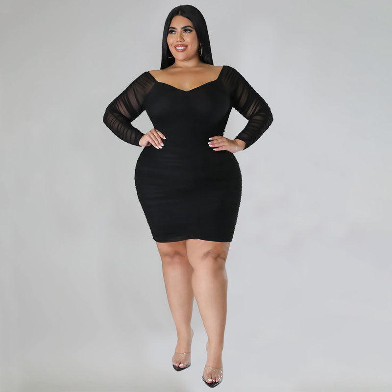 Plus Size Sexy Ruched Long Sleeve Bodycon Dress NNWF 7697