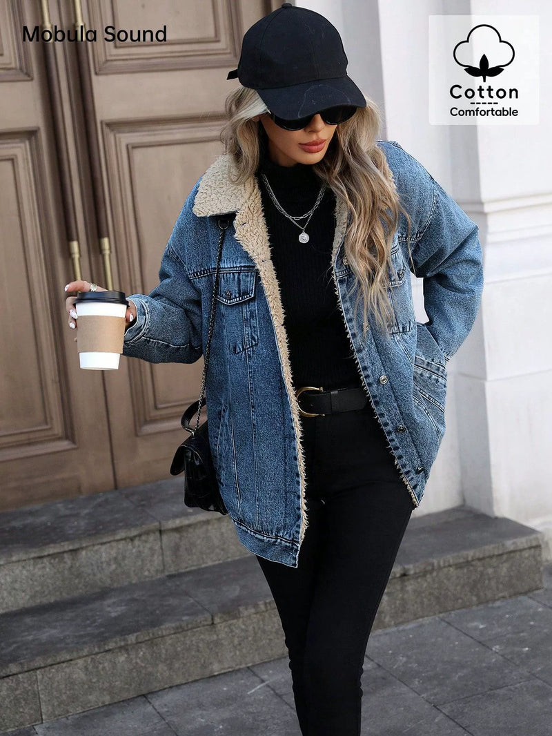 Loose Long Sleeve Fleece Denim Jacket GYXN 20780