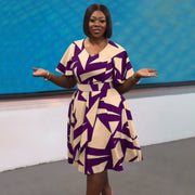 Plus Size V Neck Print Split Midi Dress NNWF 8074