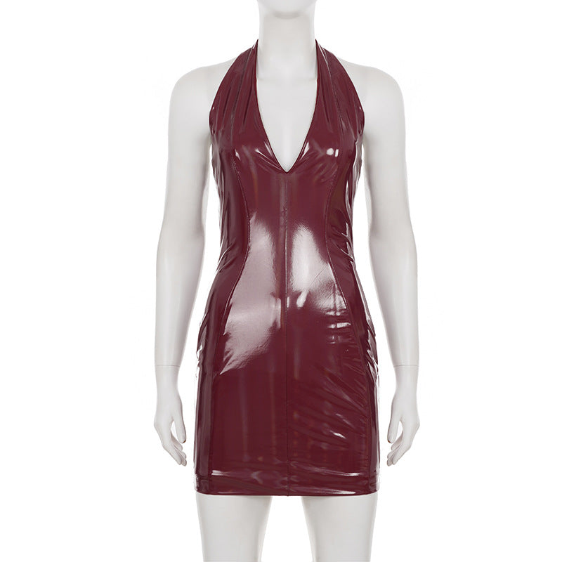 Leather Glossy V Neck Bodycon Dress GPKJ MR45060