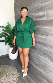 Loose V Neck Tie Up Mini Dress GADE 2546