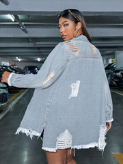 Fringed Single breasted Hole Long Denim Jacket LX 3562