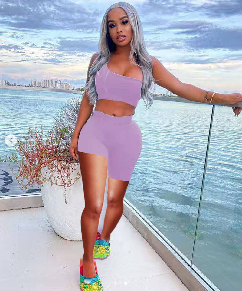 Fashion Asymmetry Solid Color Sports Two Piece Sets TK 6162