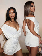 Solid Color Deep V Neck Ruched Mini Dress GHYX TXY5530