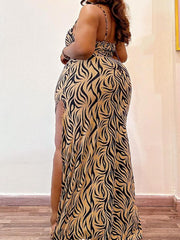 Plus Size Zebra Print Sling Split Maxi Dress QMZF 1883