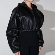 Long Sleeved Hooded Faux Leather Jacket HHMY 5613