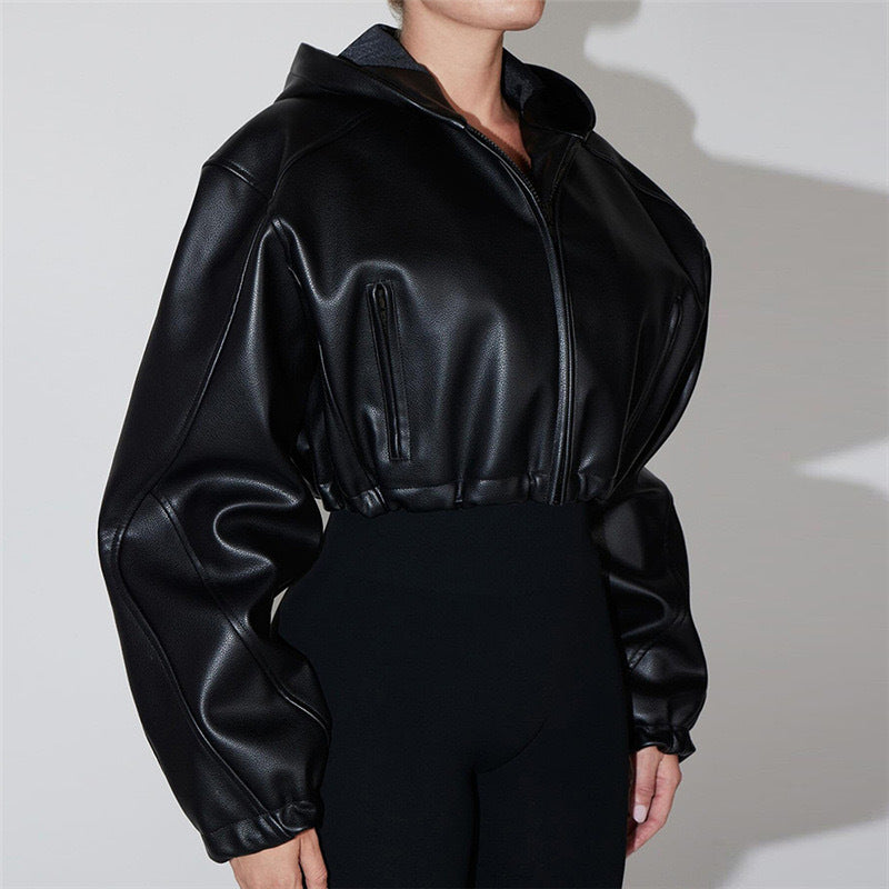 Long Sleeved Hooded Faux Leather Jacket HHMY 5613