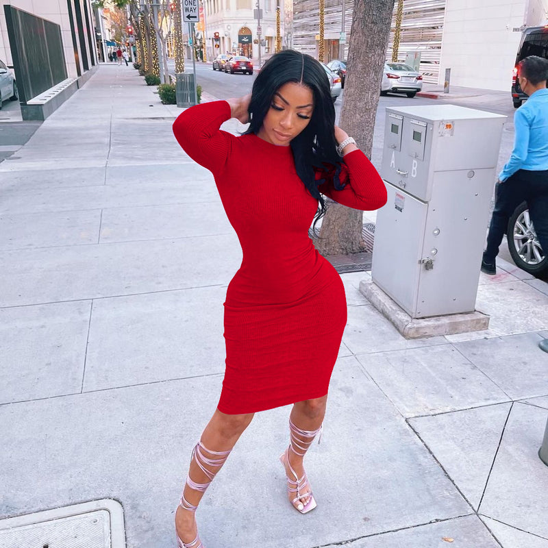 Solid Long Sleeve Bodycon Dress FOSF 8095