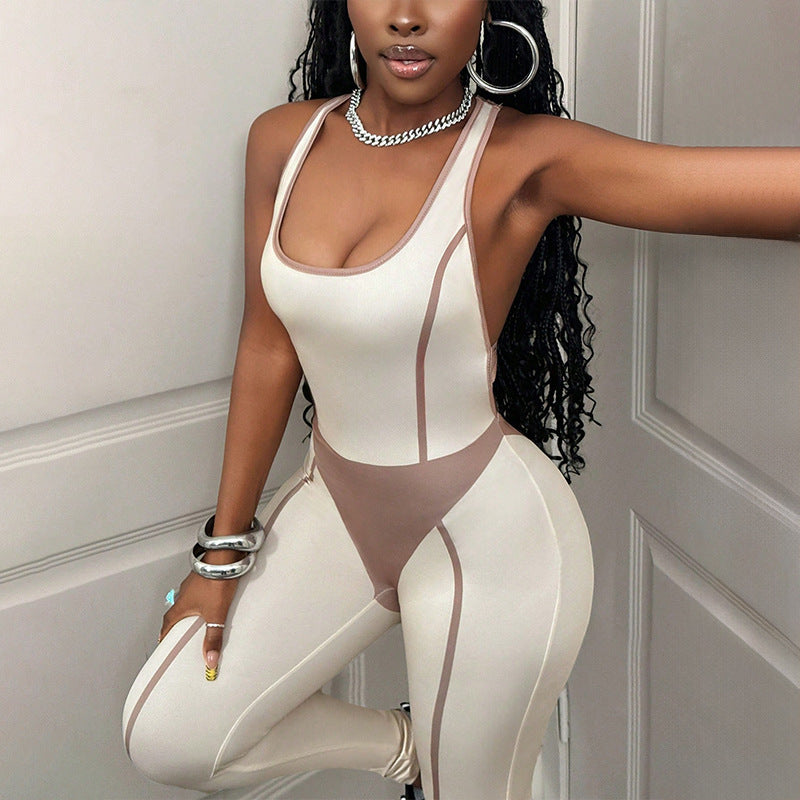 Contrast Color Patchwork Backless Yoga Jumpsuit GHYX 5187