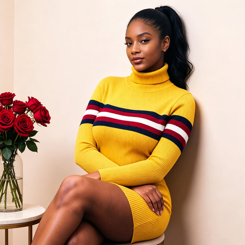 Plus Size Stripe High Collar Knits Sweater QMZF 1902