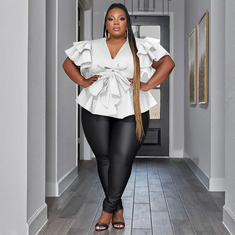 Plus Size Ruffle Sleeve Pleated Pullover Shirt NNWF 7780