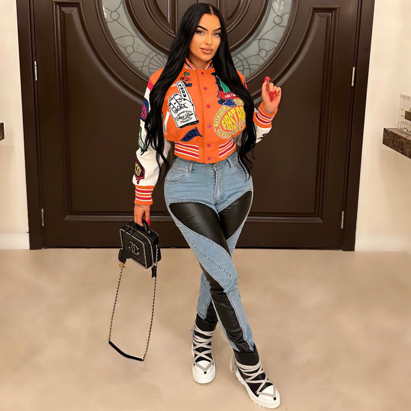 Fashion Print Long Sleeve Rib Patchwork Baseball Jacket YNSF 2618