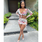 Sexy Mesh Print Long Sleeve Smocked Mini Skirt 2 Piece Set GOSD OS6116