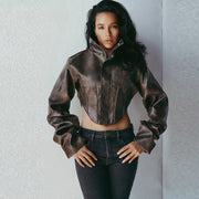 High Neck Solid Color Short Zipper PU Leather Jacket XEF K25C84468