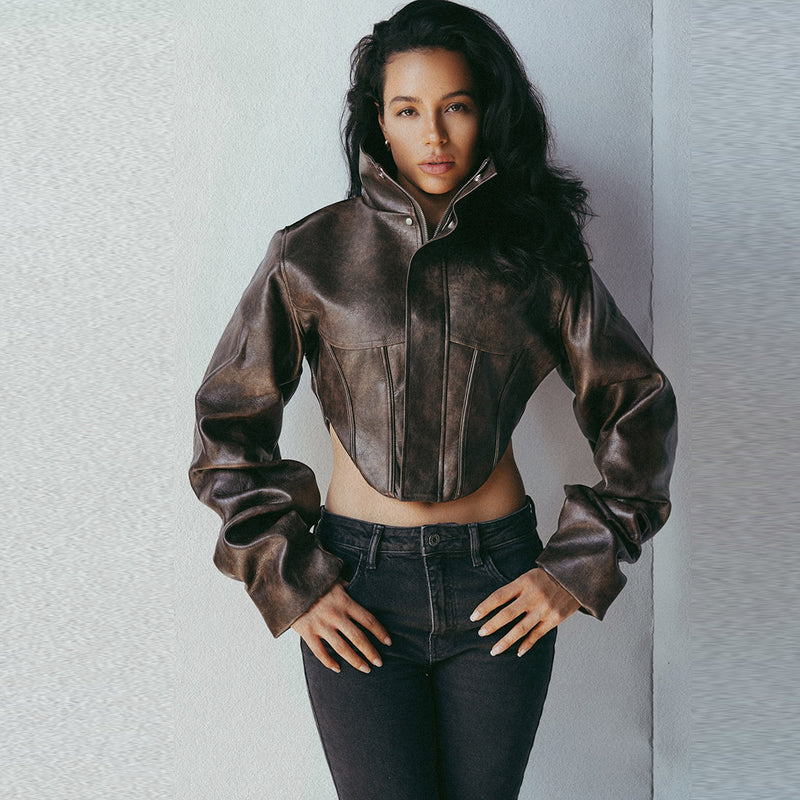High Neck Solid Color Short Zipper PU Leather Jacket XEF K25C84468