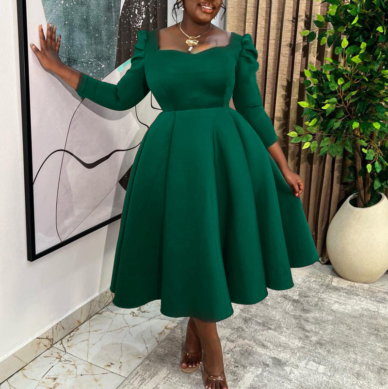 Plus Size Solid Color Square Neck Midi Dress GMLF 3354