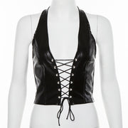 Sexy Halter Tie Up PU Leather Tank Top GYME T1734030