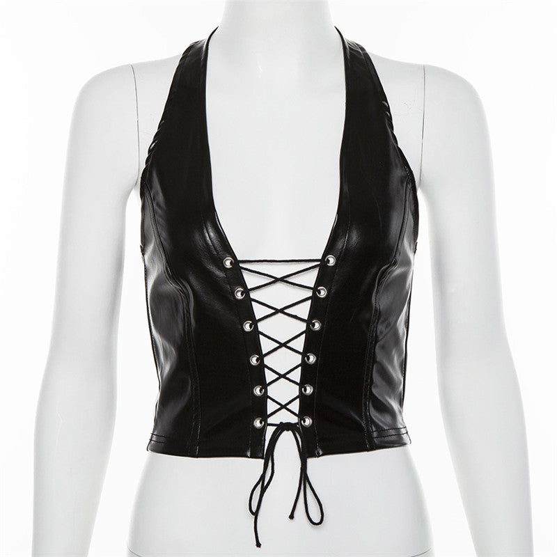 Sexy Halter Tie Up PU Leather Tank Top GYME T1734030