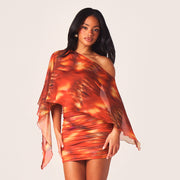 Print Slash Shoulder Ruched Mini Dress GDSF Q26DS032