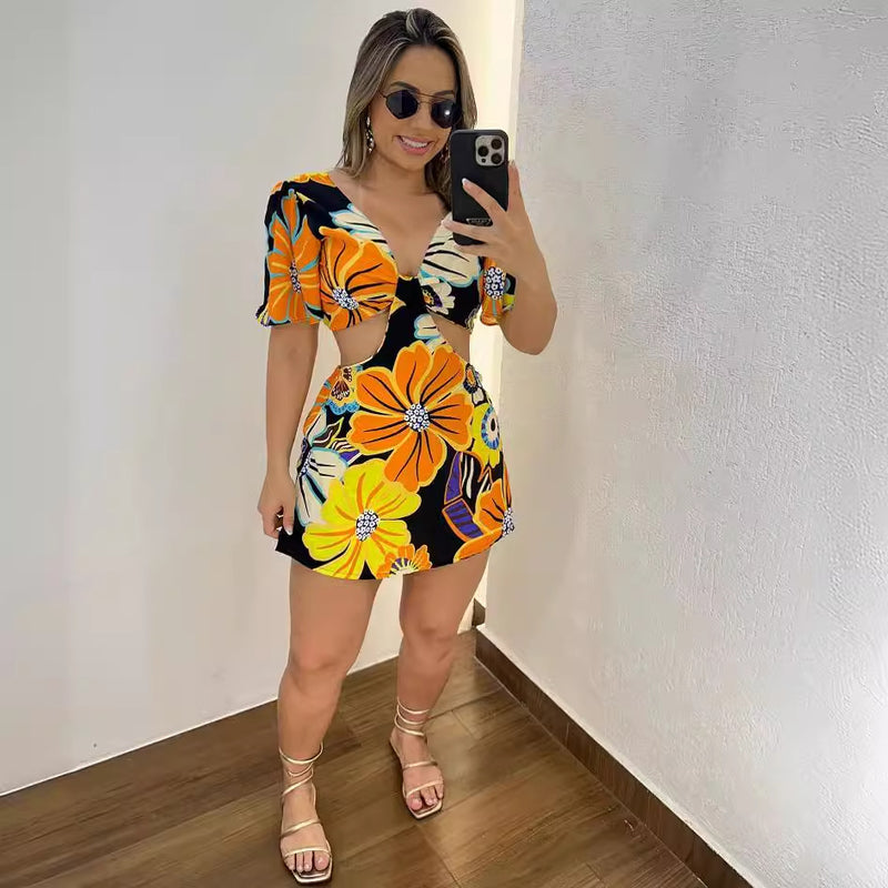 Printed Hollow Out Ruffle Sleeve Romper NY 10786