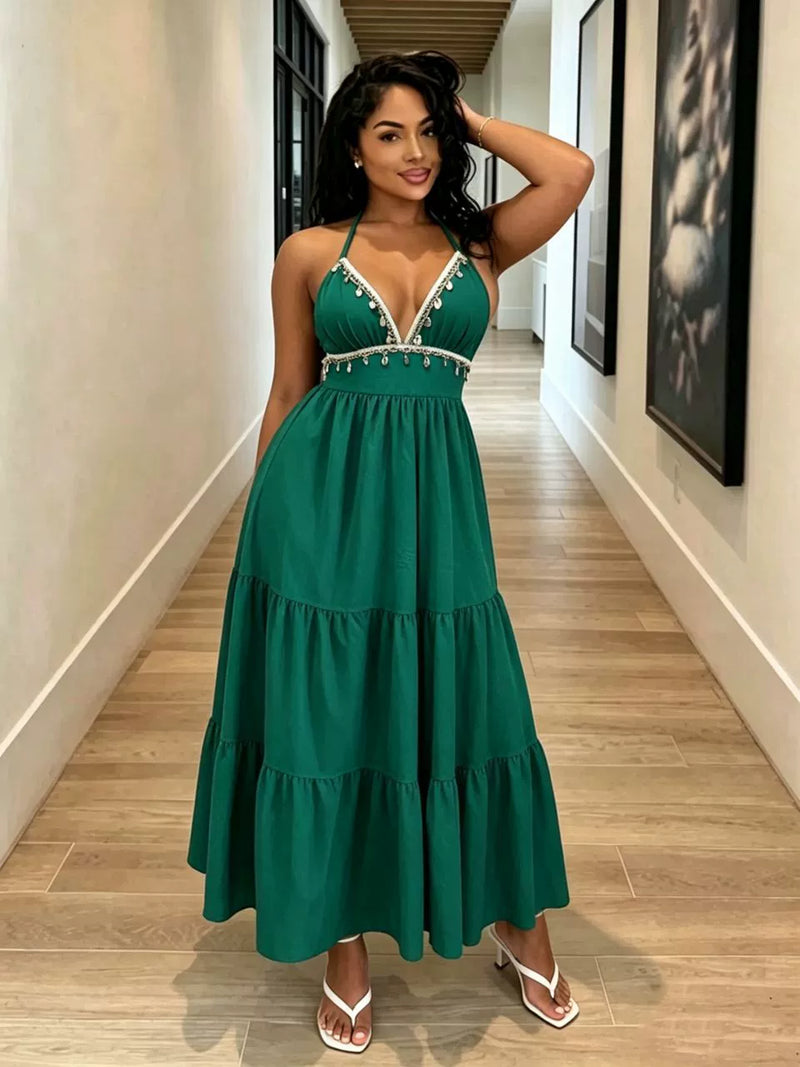 V Neck Halterneck Shell Tassel Maxi Dress GADE 11431