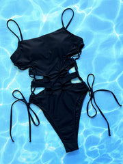 Solid Hollow Out Bandage One Piece Swimsuit CSYZ A22HY