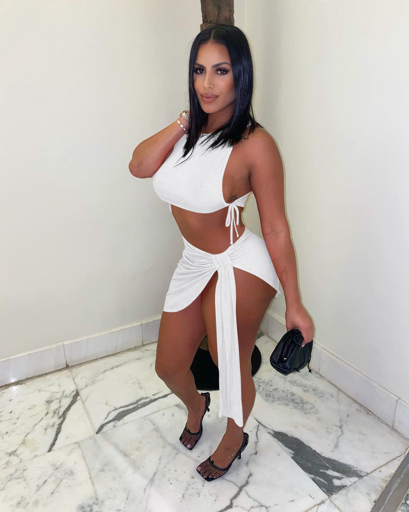 Solid Lace Up Sleeveless Mini Skirt 2 Piece Sets NIK 251