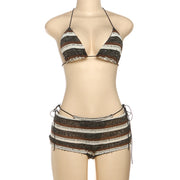 Halterneck Tie side Striped Bikini Three Piece Swimsuit XEF K25S67371