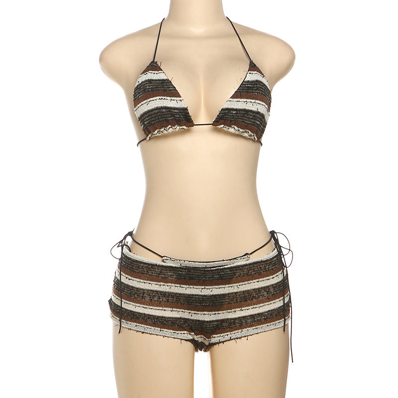 Halterneck Tie side Striped Bikini Three Piece Swimsuit XEF K25S67371