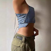 Wrap Chest Halterneck Denim Tank Top GLYK LX008