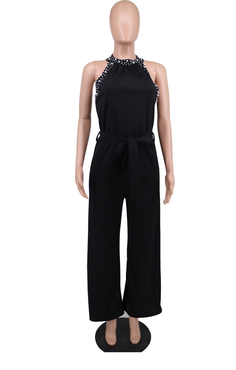 Beaded Off Shoulder Belt Loose Jumpsuit XHXF 8688