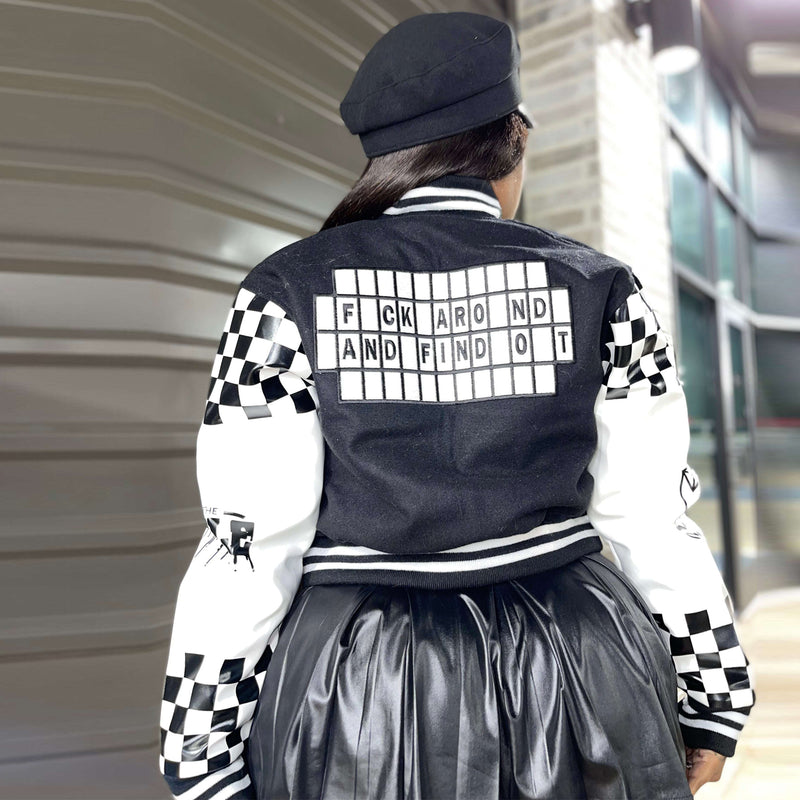 Ribbed Color Block Print Baseball Jacket YNSF 2663