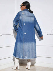 Fashion Holes Long Sleeve Denim Long Coat LX 6017