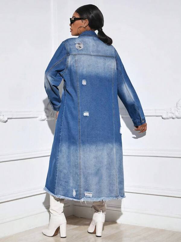 Fashion Holes Long Sleeve Denim Long Coat LX 6017