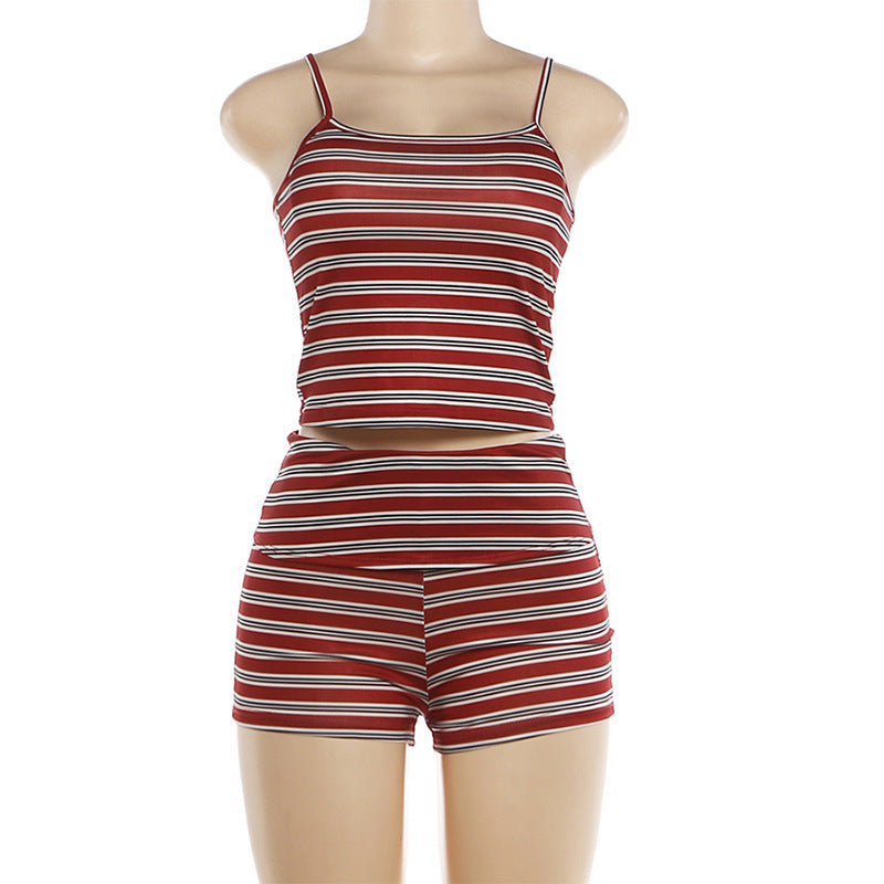 Stripe Print Sling Top Two Piece Shorts Set DLSF K6S10128A