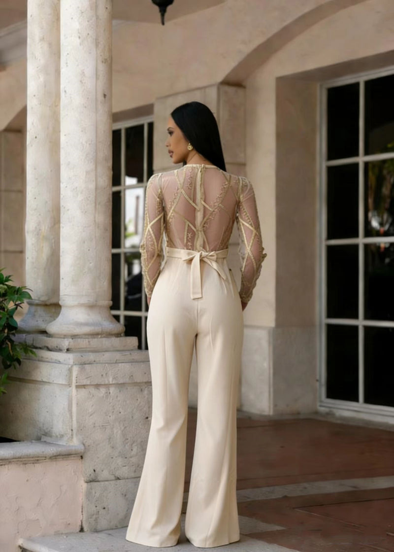 Mesh Embroidery See Through Wide Leg Jumpsuit LA 6005