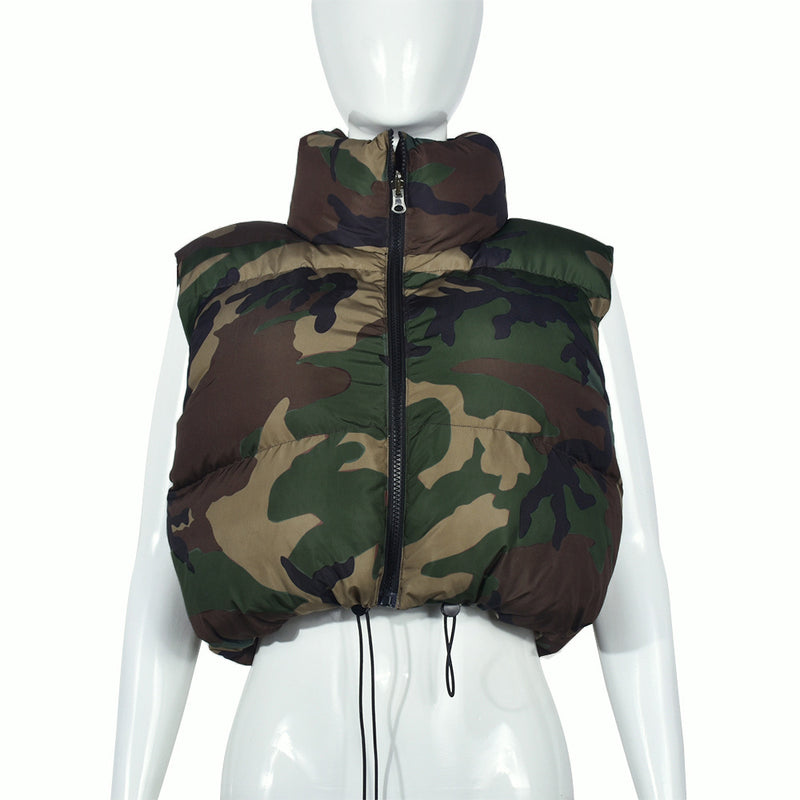 Camouflage Collar Sleeveless Short Cotton Jacket Coat GNZD 9445TD