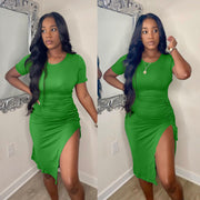Solid Short Sleeve Drawstring Split Bodycon Dress OMY 81051