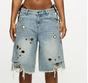 Casual Print Holes Denim Fifth Pants OD 8780