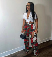 Camouflage Print Holes Cross Straight Pants OD 8600