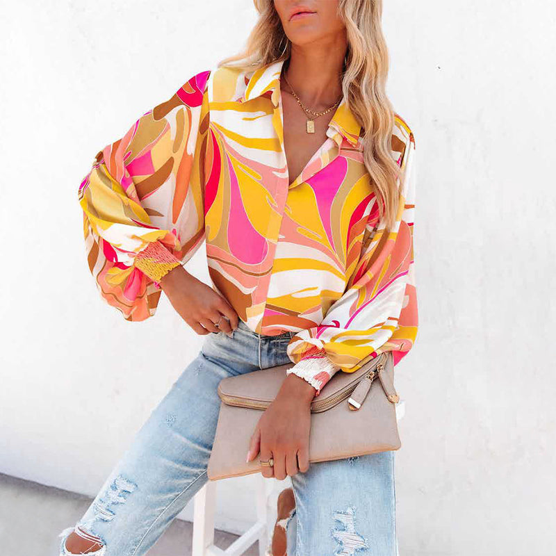 Printed Single Breasted Lantern Long Sleeve Shirt GOSD 10110