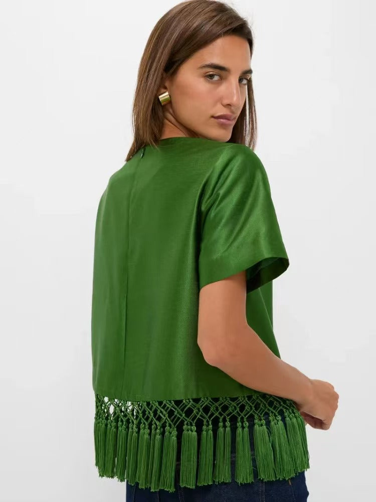 Solid Color Short Sleeve Tassel T Shirt GJMF 97821